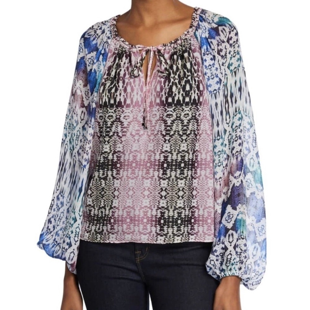 Ramy Brook Kayden Silk Blouse Large Boho Snakeskin Print Multi-Color Long Sleeve